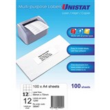 UNISTAT 38947 MULTIPURPOSE LABEL 12UP 68 X 70MM WHITE PACK 100