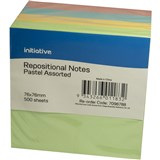 INITIATIVE REPOSITIONAL NOTES CUBE 76 X 76MM PASTEL ASSORTED 500 SHEETS